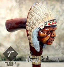 Hand Carved American Indian Chief Handle Walking Cane Wooden Walking Stick CaneA