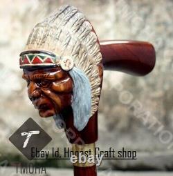 Hand Carved American Indian Chief Handle Walking Cane Wooden Walking Stick CaneA