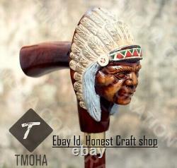 Hand Carved American Indian Chief Handle Walking Cane Wooden Walking Stick CaneA