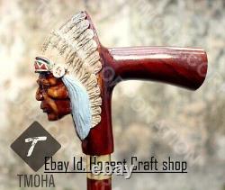 Hand Carved American Indian Chief Handle Walking Cane Wooden Walking Stick CaneA