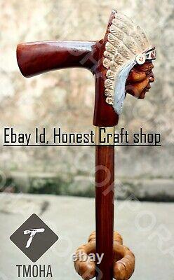 Hand Carved American Indian Chief Handle Walking Cane Wooden Walking Stick CaneA