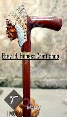 Hand Carved American Indian Chief Handle Walking Cane Wooden Walking Stick CaneA