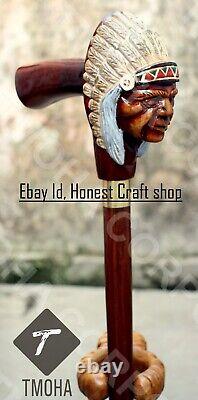 Hand Carved American Indian Chief Handle Walking Cane Wooden Walking Stick CaneA