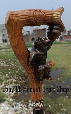 Hand Carved Bear Head Handle Wooden Walking Cane Handmade Walking Stick Bear A2