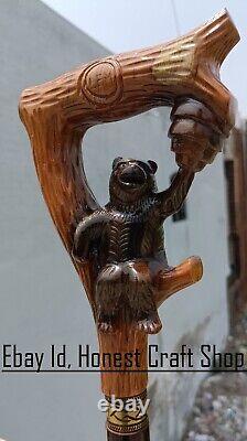 Hand Carved Bear Head Handle Wooden Walking Cane Handmade Walking Stick Bear A2