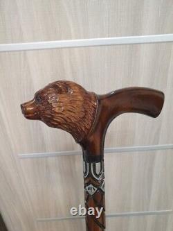 Hand Carved Bear Head Handle Wooden Walking Stick Cane Bear Animal Best Gift