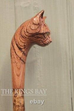 Hand Carved Cat Cane Walking Stick Wooden Brown Handmade Walking Cane Best Gift