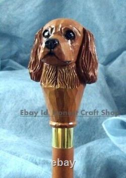 Hand Carved Cavalier King Charles Spaniel Dog Wooden Walking Cane Walking Stick