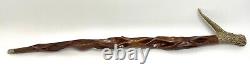 Hand Carved Diamond Willow Wood Antler Handle Walking Stick Cane 33 Inches