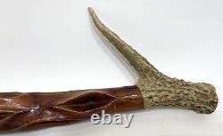 Hand Carved Diamond Willow Wood Antler Handle Walking Stick Cane 33 Inches