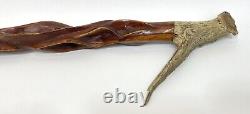 Hand Carved Diamond Willow Wood Antler Handle Walking Stick Cane 33 Inches