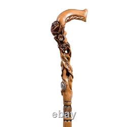 Hand-Carved Light Wooden Cane Walking Stick with Rose Flower Motif Gift Women
