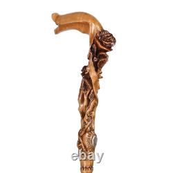Hand-Carved Light Wooden Cane Walking Stick with Rose Flower Motif Gift Women