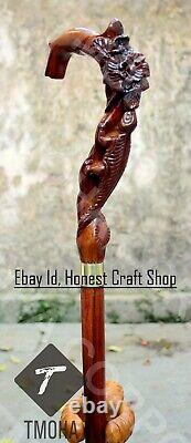 Hand Carved Lizard & Flower Wooden Walking Cane Handmade Animal Walking Stick AL