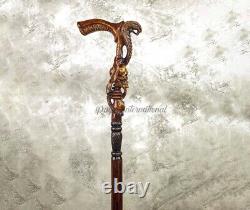 Hand Carved Skull & Snake Head Handle Wooden Walking Stick Handmade Walking Can