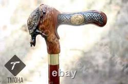 Hand Carved Turtle Head Handle Wooden Walking Cane Handmade Walking Stick Gif AI