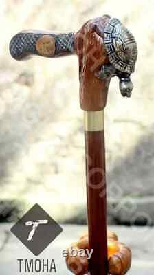 Hand Carved Turtle Head Handle Wooden Walking Cane Handmade Walking Stick Gif AI