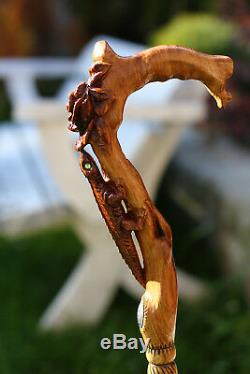 Hand Carved Walking Stick Pretty Cane Wooden Crafted Flower Light women ladies
