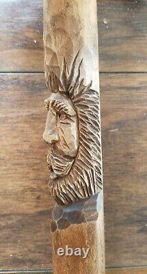 Hand Carved Wood Cane by M. Denaro, walking stick fantasy wizard wooden indian