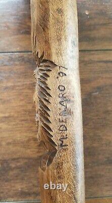 Hand Carved Wood Cane by M. Denaro, walking stick fantasy wizard wooden indian