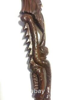 Hand Carved Wooden African Walking Cane Stick Two-Toned Wood Tribal Face Scales