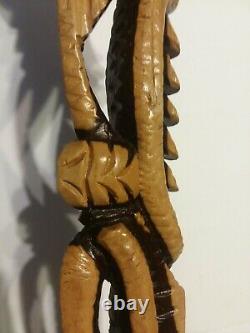 Hand Carved Wooden African Walking Cane Stick Two-Toned Wood Tribal Face Scales
