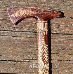 Hand Carved Wooden Cane Walking Stick Bird Eagle Folk Art Unique Hiking Decor