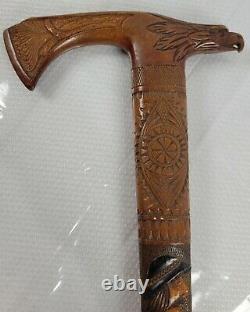 Hand Carved Wooden Folk Art Detailed Walking Stick With Eagle & Tomahawk Handle