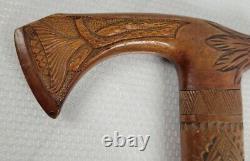 Hand Carved Wooden Folk Art Detailed Walking Stick With Eagle & Tomahawk Handle
