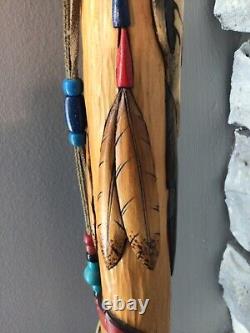 Hand Carved by Elaine Ross Wooden Southwest Indian Bison Skull Walking Stick