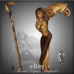 Hand carved Walking Stick Cane Mermaid D Siren Wooden art hand crafted for men