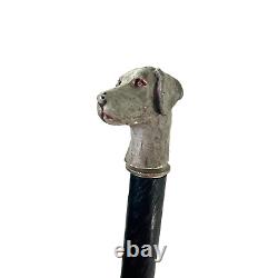 Hand carved dog handle wooden walking stick cane metal ring accent