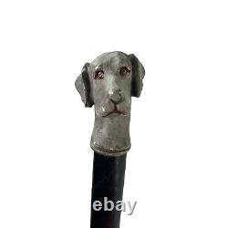 Hand carved dog handle wooden walking stick cane metal ring accent