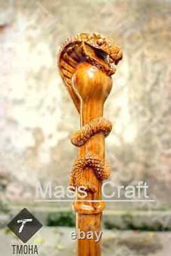 Hand carved snake head handle wooden walking stick handmade cobra walking cane A