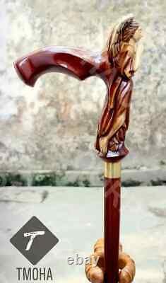 Hand craved angle praying handle wooden walking cane angle praying walking stick