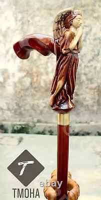 Hand craved angle praying handle wooden walking cane angle praying walking stick