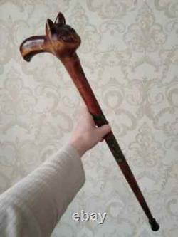 Hand craved cat handle wooden walking cane cat walking stick Christmas gift U