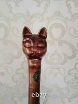 Hand craved cat handle wooden walking cane cat walking stick Christmas gift U