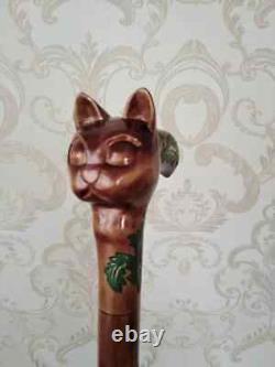 Hand craved cat handle wooden walking cane cat walking stick Christmas gift U