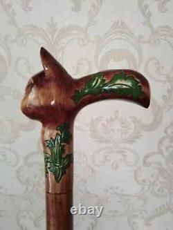 Hand craved cat handle wooden walking cane cat walking stick Christmas gift U