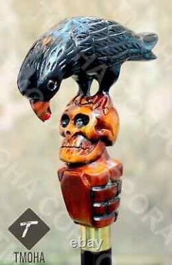 Hand craved crow & skull handle wooden walking cane crow & skull walking stick