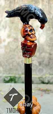 Hand craved crow & skull handle wooden walking cane crow & skull walking stick