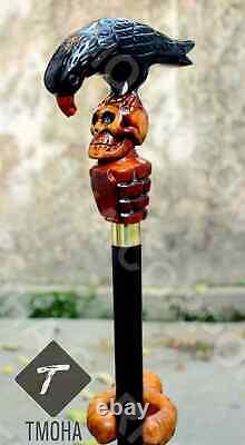 Hand craved crow & skull handle wooden walking cane crow & skull walking stick