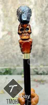 Hand craved crow & skull handle wooden walking cane crow & skull walking stick