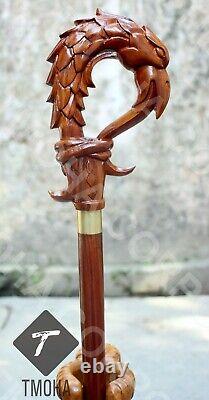 Hand craved dragon handle wooden walking cane dragon walking stick best GF