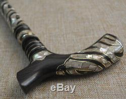 Handcrafted 31 Natural Mother of Pearl Inlay Ebony Wooden Walking Cane Stick