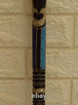 Handcrafted 35 Lapis & Mother of Pearl Inlay Ebony Wooden Stick Cane, 88 cm