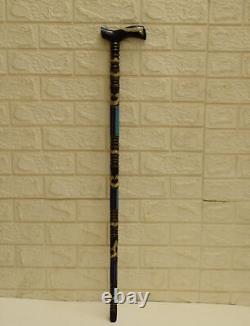 Handcrafted 35 Lapis & Mother of Pearl Inlay Ebony Wooden Stick Cane, 88 cm