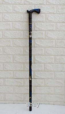 Handcrafted 36 Lapis & Mother of Pearl Inlaid Wooden Stick, 92 cm Walking Cane