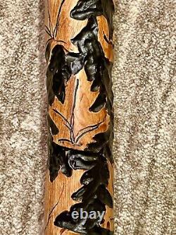 Handcrafted Carved Wood Walking Cane Hiking Stick Maple Leaves 44 X 1.5 Staff